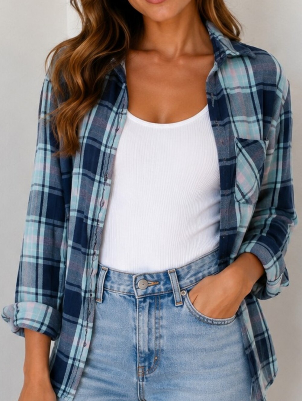Relaxed Plaid Button-Down Shirt - Mint & Navy